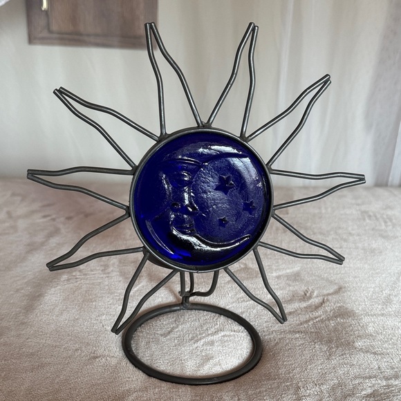 Cobalt Blue Sun and Moon Metal Art Candle Holder - Picture 3 of 10